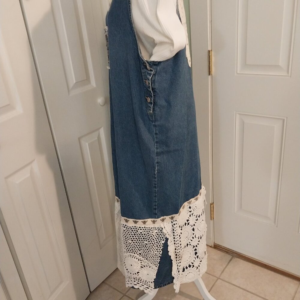 3645 Size 1XL Upcycled Denim Jumper by Sunshine Apparel with Lace Trim. - Picture 8 of 15